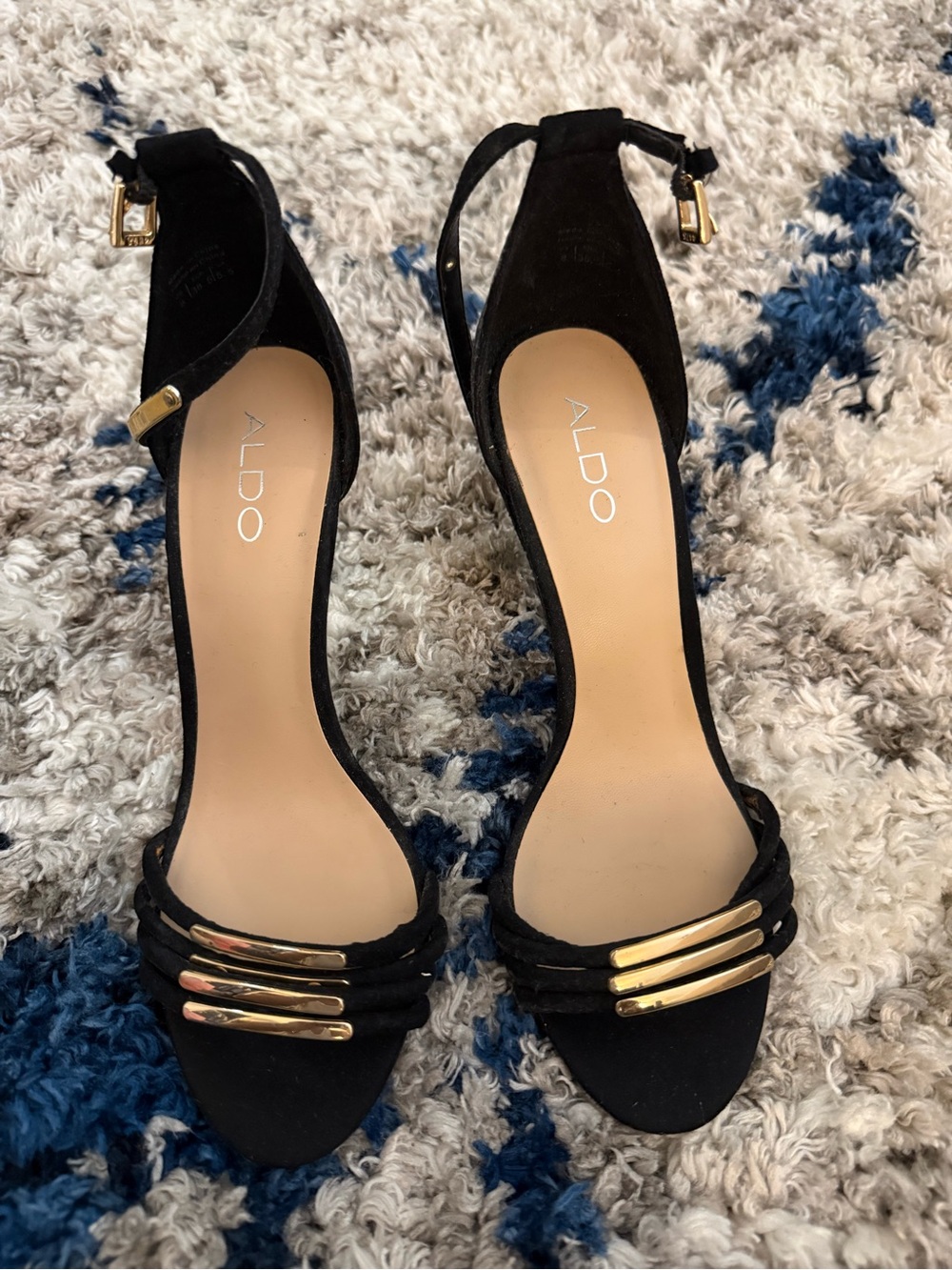 ALDO Black Suede Open-Toe Heels with Gold Accents
